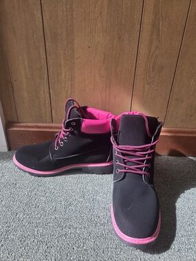 Black and Pink Lace-Up Women's Boots with Padded Collar